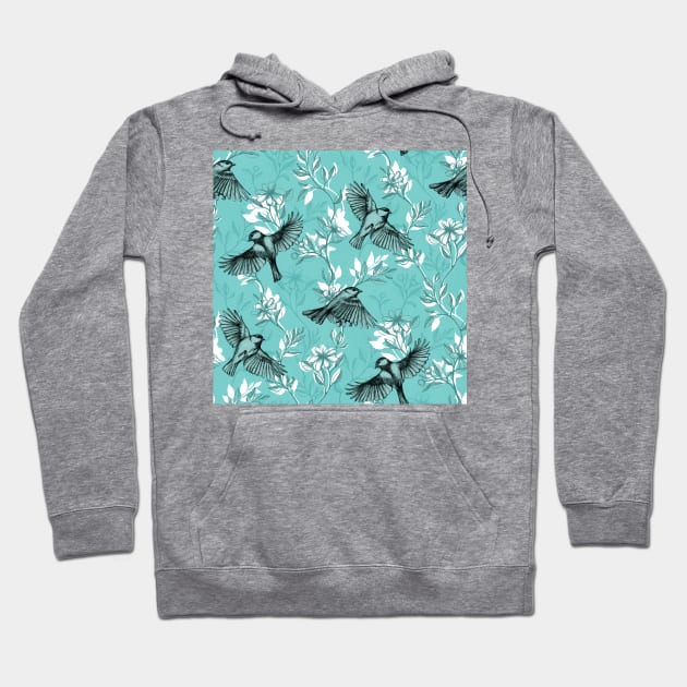 Flowers and Flight in Monochrome Teal Hoodie by micklyn